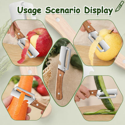 Left & Right Hand Vegetable Peeler Set with Scallion Slicer & Bottle Opener, Heavy-Duty Thick Stainless Steel Blade, Multi-Function Kitchen Peeler with Wooden Handle for Fruits & Vegetables(New 2pcs)