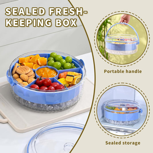 Fruit Ice Divided Serving Tray with Lid and handle,Chilled Veggie Tray,Shrimp Cocktail Serving Dish,Ideal Cold Chilled Serving Platter for Parties,Vegetables,Appetizer,Salads,Picnic,Appetizers,Travel