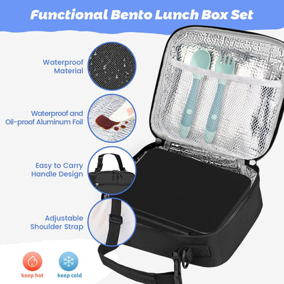 Kids Bento Lunch Box with Thermos, Leakproof Toddler Bento Box with 9 OZ Insulated Food Jar, Lunch Bag & Utensils 3 or 4 Compartment Container for School Girls Boys