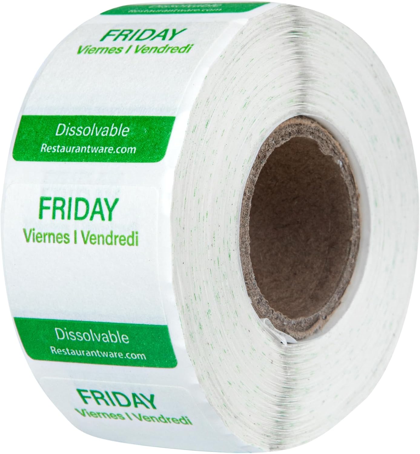 Restaurantware RW Smart 1 Inch x 1 Inch Food Rotation Labels 500 Dissolvable Food Safety Labels - Premium Trilingual Green Paper Day Of The Week Labels For Food Storage Or Prep Friday