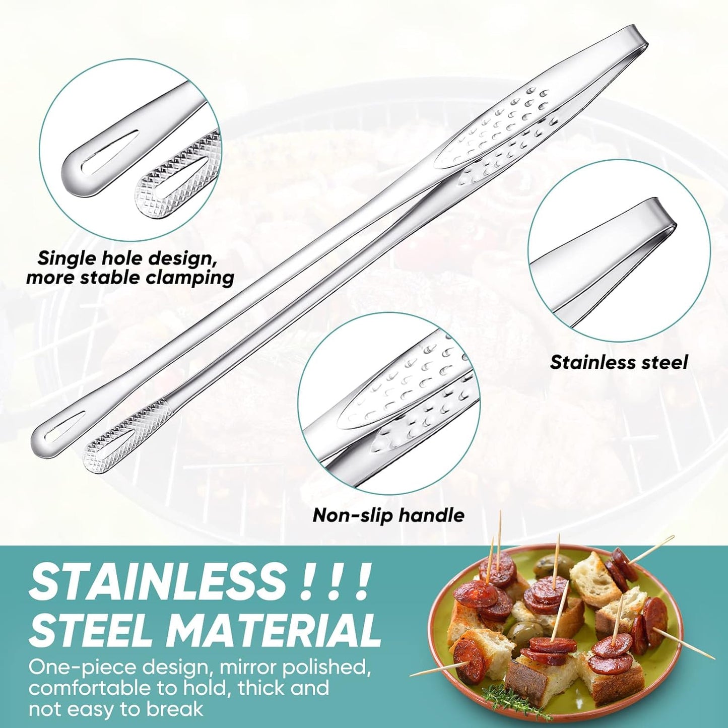 meekoo 6 Pcs 7.8 Inches Stainless Steel Korean BBQ Grill Tongs Japanese Barbecue Tongs for Cooking Portable Kitchenware Home Outdoor Steak Salad Food