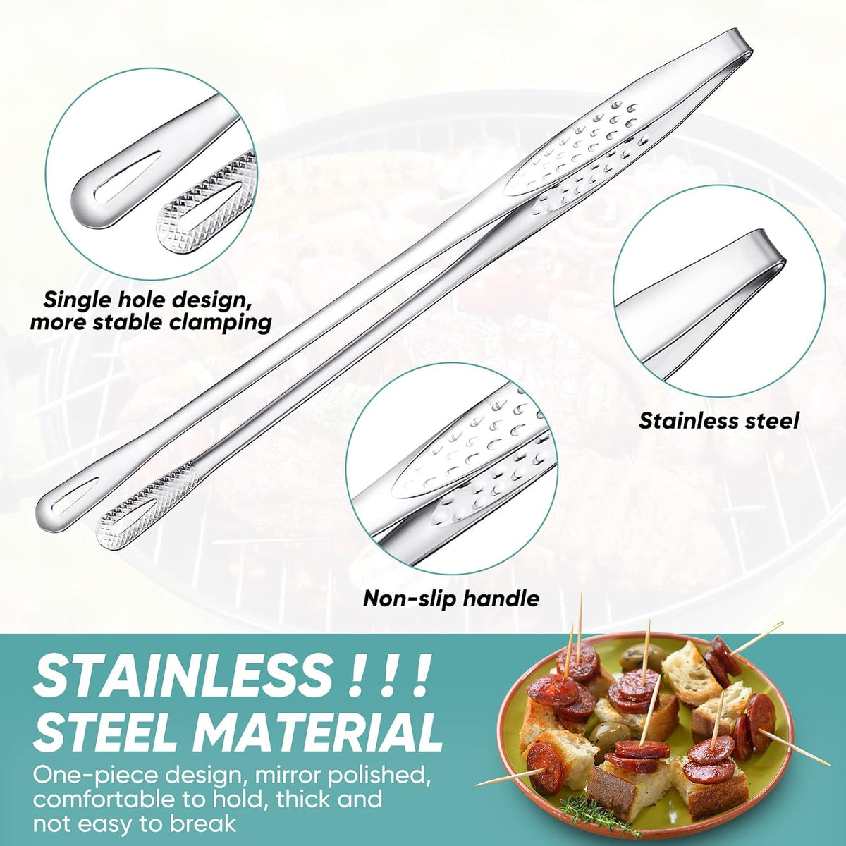 meekoo 6 Pcs 7.8 Inches Stainless Steel Korean BBQ Grill Tongs Japanese Barbecue Tongs for Cooking Portable Kitchenware Home Outdoor Steak Salad Food