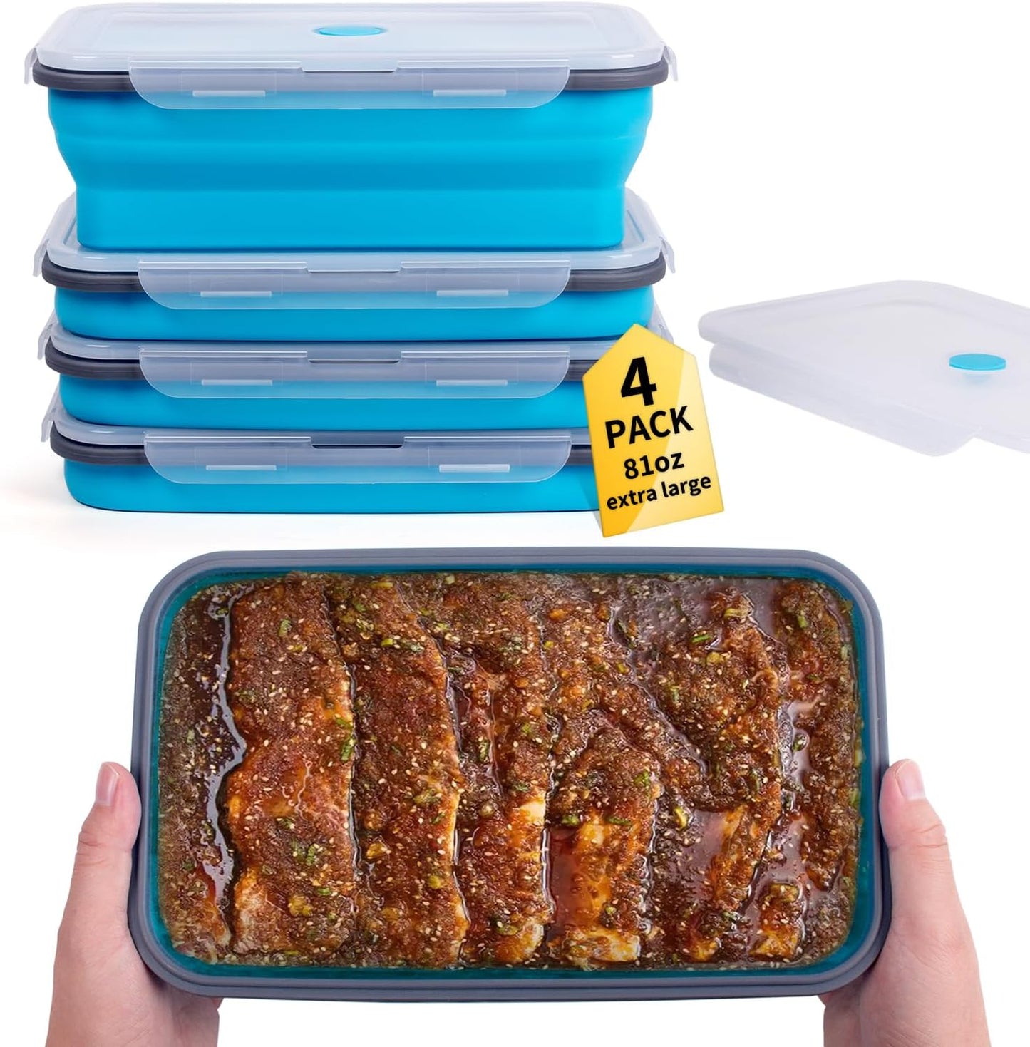 Collapsible Food Storage Containers with Lids, 4 Pack, 40 oz Silicone 1-Compartment Meal Prep Containers Reusable, Lunch Bento Boxes for Adults, Microwave Freezer Dishwasher Safe, BPA-Free, Black
