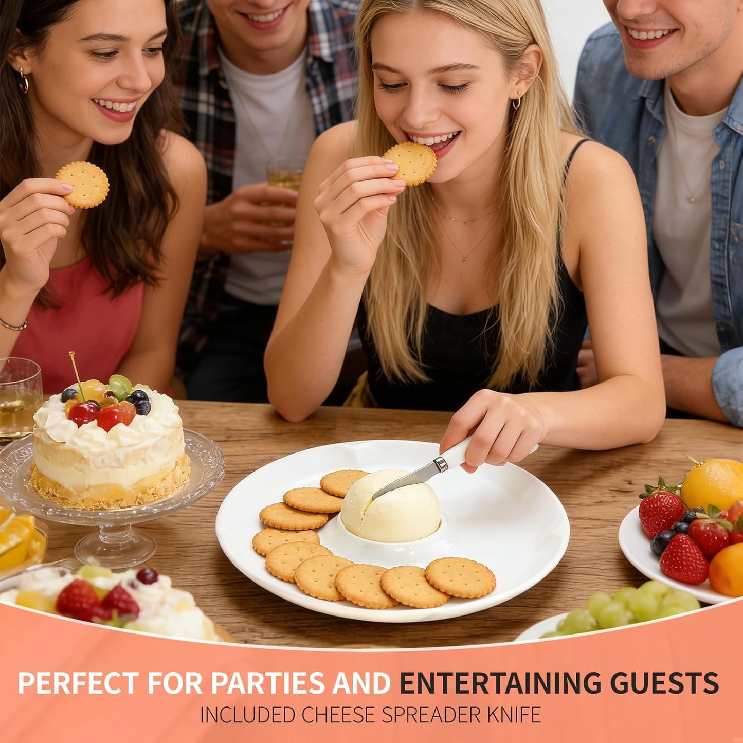 Cheese Ball Serving Dish Set, Cheese Ball Platter with Spreader Knife, White Ceramic, Spacious Design for Easy Serving Crackers and Bread Slices, Ideal for Parties and Entertaining