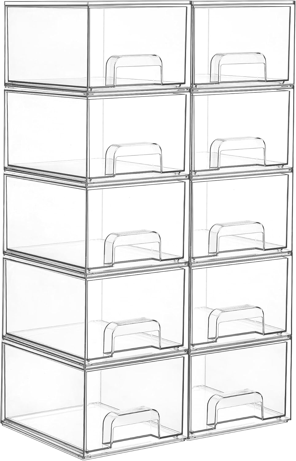 Vtopmart 10 Pack Small Clear Stackable Storage Drawers, Acrylic Bathroom Makeup Organizer, Plastic Storage Bins For Vanity, Undersink, Kitchen Cabinets, Pantry, Home Organization