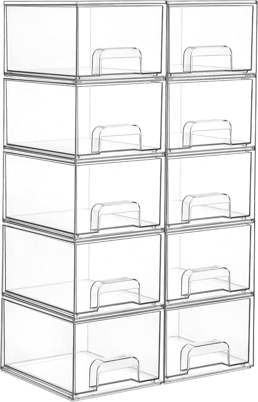 Vtopmart 10 Pack Small Clear Stackable Storage Drawers, Acrylic Bathroom Makeup Organizer, Plastic Storage Bins For Vanity, Undersink, Kitchen Cabinets, Pantry, Home Organization