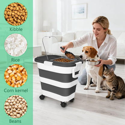 Dog Food Storage Container with Rolling Wheel and Airtight Lid, Black, 30LB | Foldable Food Storage Bins with Snap-Lid Seal to Keep Kibble, Pellets or Seeds Fresh for Dogs, Cats and Birds