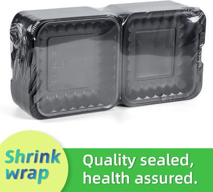 Takeout Container Mineral Filled PP Plastic - 7.8 Inch 30oz 65 Pack BPA Free 3 Compartments Shrink Wrap Bento Box | Freezer & Microwave Safe for Picnic | Black Reusable & Disposable Containers