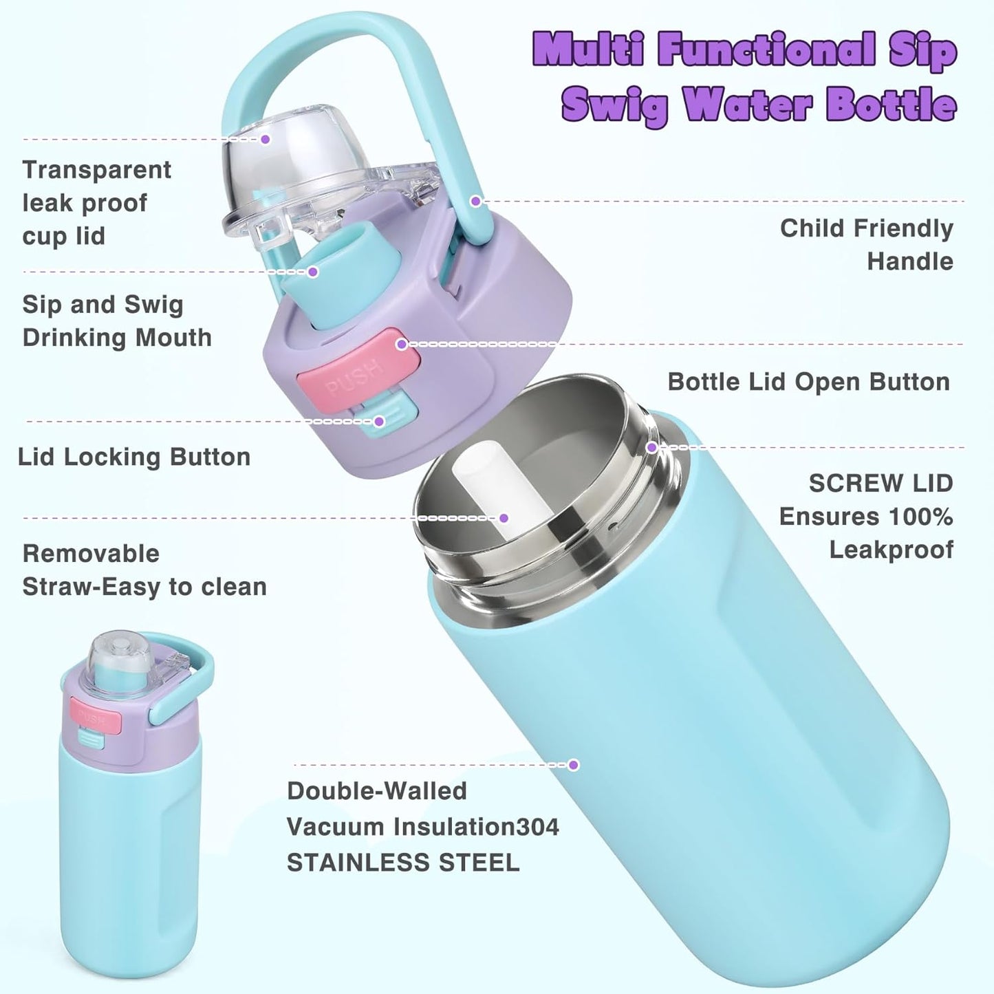 Bento Lunch Box for Kids with 7oz Soup Thermo,Insulated Stainless Steel Kids Water Bottle with Straw and Insulated Lunch Bag,Leak-Proof Lunch Food Container with Ice Pack for School (Purple-Mermaid)