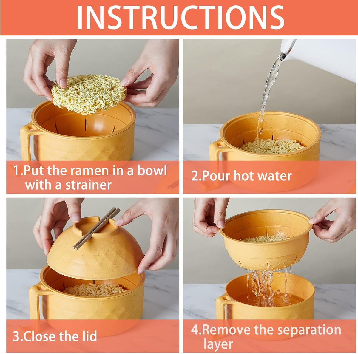 2 Sets 40 oz Microwave Ramen Bowl with Handles, Yellow,Orange
