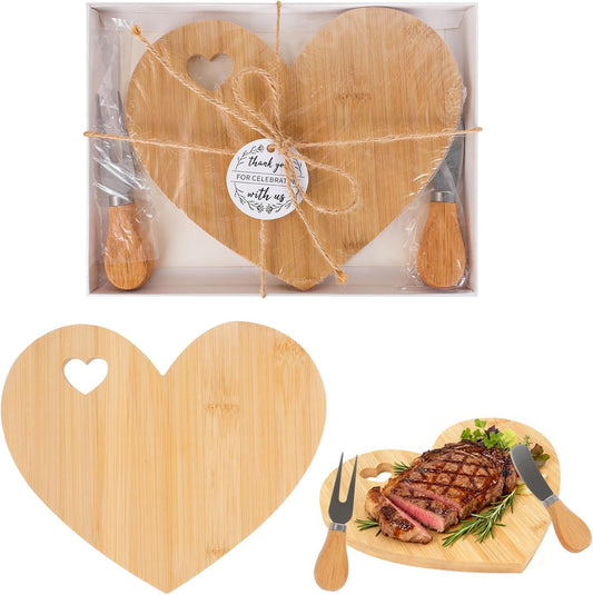 6 Set Heart Shaped Charcuterie Board Cheese Board Knife Fork,Bamboo Charcuterie Cutting Boards with Thank You Tag for Wedding Bridal Shower Favors Birthday Valentines Gifts