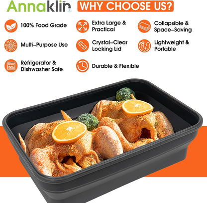 Silicone Collapsible Marinating Container with Lid for Meat, 2.64Gal/10L, Extra Large Collapsible BBQ Prep Tub, Transparent Locking Lid, XL Grill Prep Trays and Carry System, BBQ Must-Have, Black