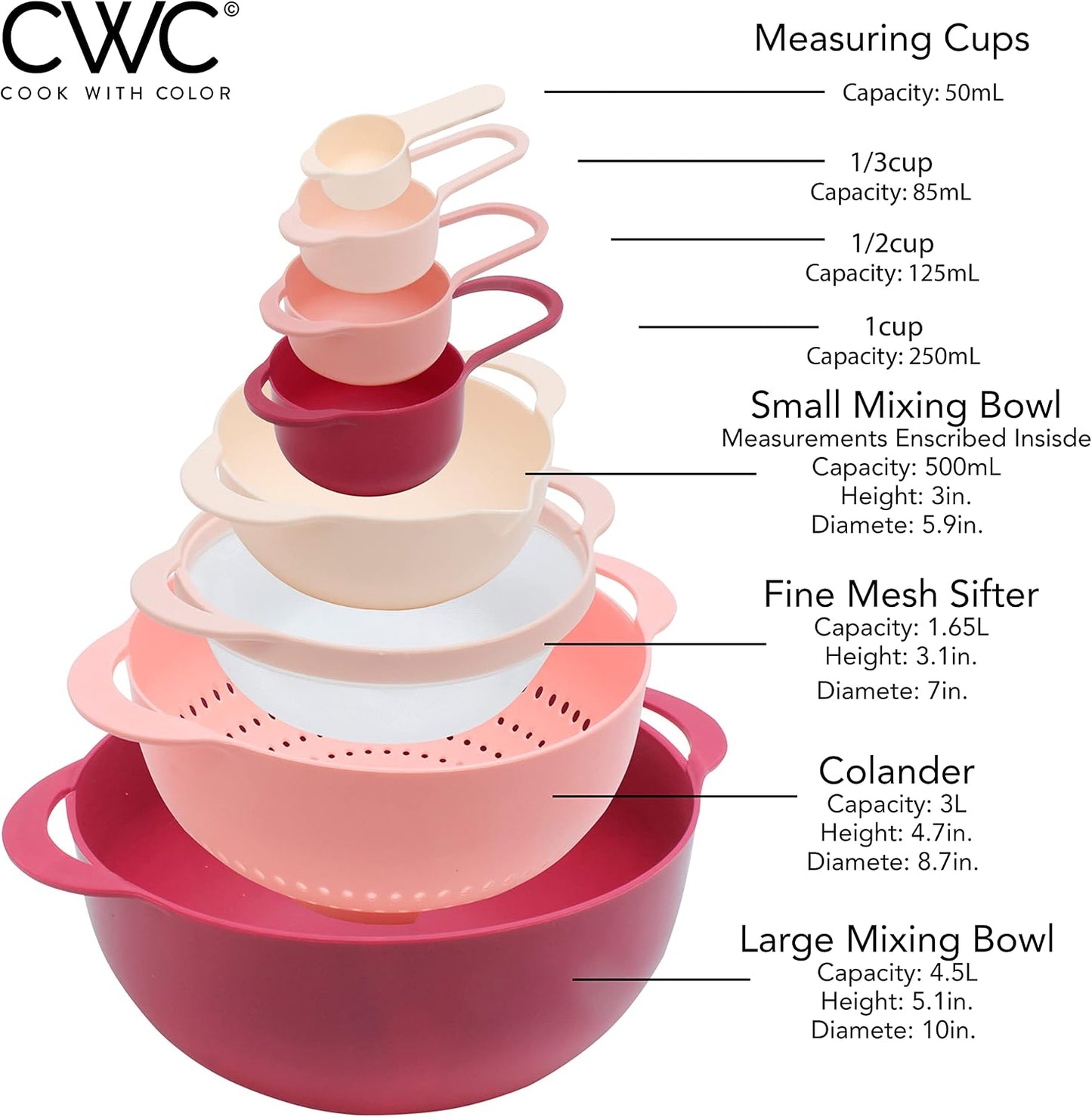 COOK WITH COLOR Nesting Bowls with Measuring Cups Colander and Sifter Set - Includes Mixing Bowls, Colander, Sifter and Measuring Cups, Navy, 8 Pc Bowl