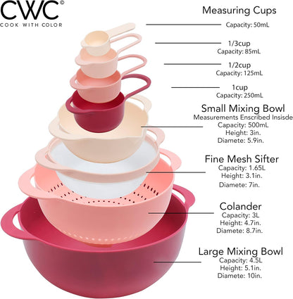 COOK WITH COLOR Nesting Bowls with Measuring Cups Colander and Sifter Set - Includes Mixing Bowls, Colander, Sifter and Measuring Cups, Navy, 8 Pc Bowl