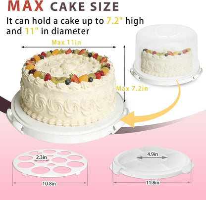 Plastic Cake Carrier with Lid and Handle, Multipurpose Cake Stand Holder Container for 11 in Cake, Round Cupcake Storage Box Serving Tray with Cover for Bundt Dessert Pie Pizza Eggs Fruit White