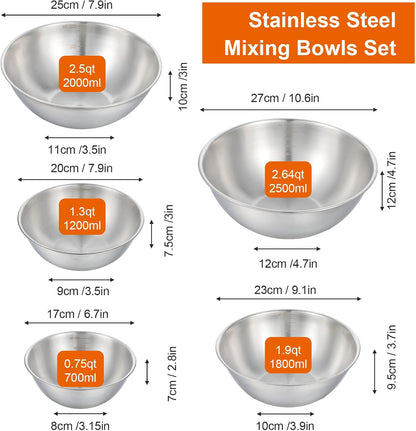 Stainless Steel Mixing Bowls Set of 5, Thicker Stainless Steel Flat Bottom Nesting Metal Mixing Bowls for Cooking, Baking, Serving, Food and Salad Prep, Dishwasher Safe