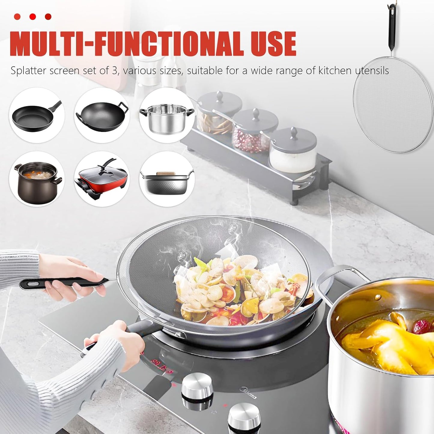 3 Pcs Grease Splatter Screen For Frying Pan Cooking, Cooking Frying Pan Oil Splash Screen Cover Anti Splatter Shield Guard, Fine Mesh Splatter Screen, Grease Splatter Guard for Frying Pan
