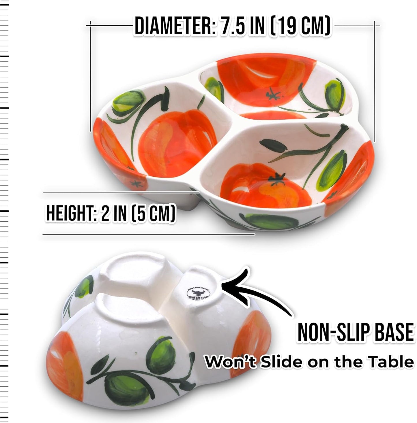 Ceramic Chip & Dip Bowl 7.5”, 3-Compartment Divided Serving Dish & Condiment Tray for Appetizers – Handmade in Spain, Lead-Free Glaze, Microwave, Oven & Dishwasher Safe