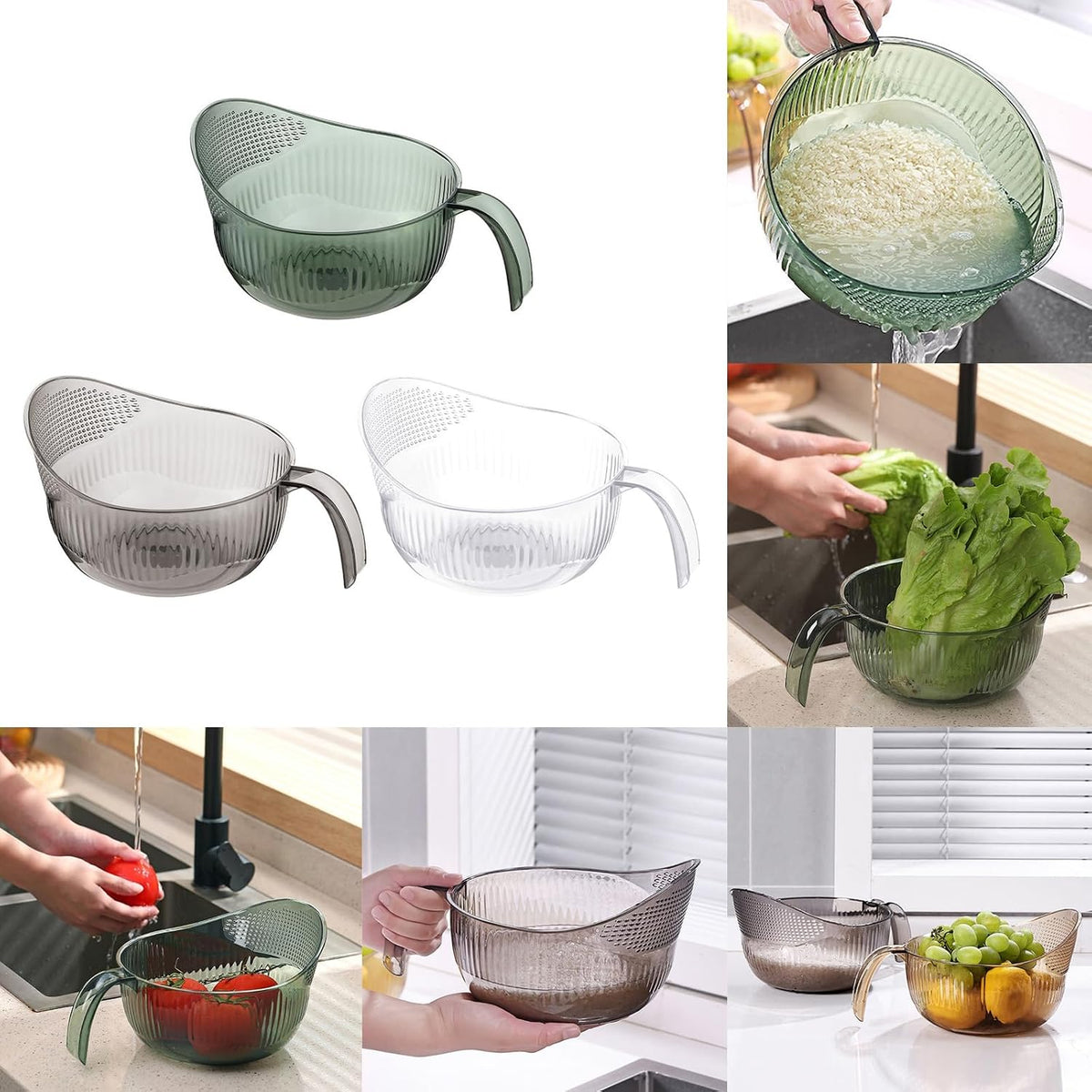 Functional Rice Washing Colander Efficient Draining Bowl Practical Sink Basket PET Suitable for Washing Rice, Clear