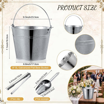 Zopeal 12 Pcs Galvanized Beer Bucket Set, Includes 8 Metal Ice Buckets 5qt with 2 Scoops & 2 Tongs, Round Slive Pails Bulk for Weddings Birthday Beach Pool Party Supplies Summer Table Centerpieces