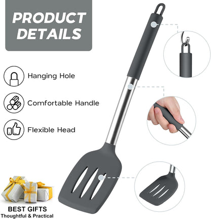 Onader Kitchen Utensils Set, 15 Pcs Silicone Cooking Utensils Set with Holder and Heat Resistant Stainless Steel Handle for Nonstick Cookware - Black
