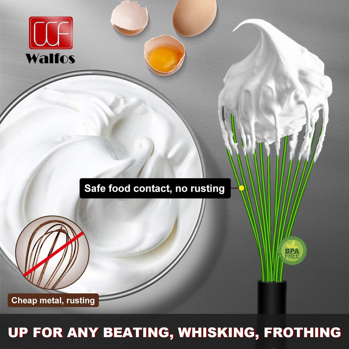 Walfos Silicone Whisk,Stainless Steel Wire Whisk -Heat Resistant 480°F Kitchen Whisks for Non-stick Cookware,Balloon Egg Beater Perfect for Blending,Whisking,Beating,Frothing & Stirring,Black