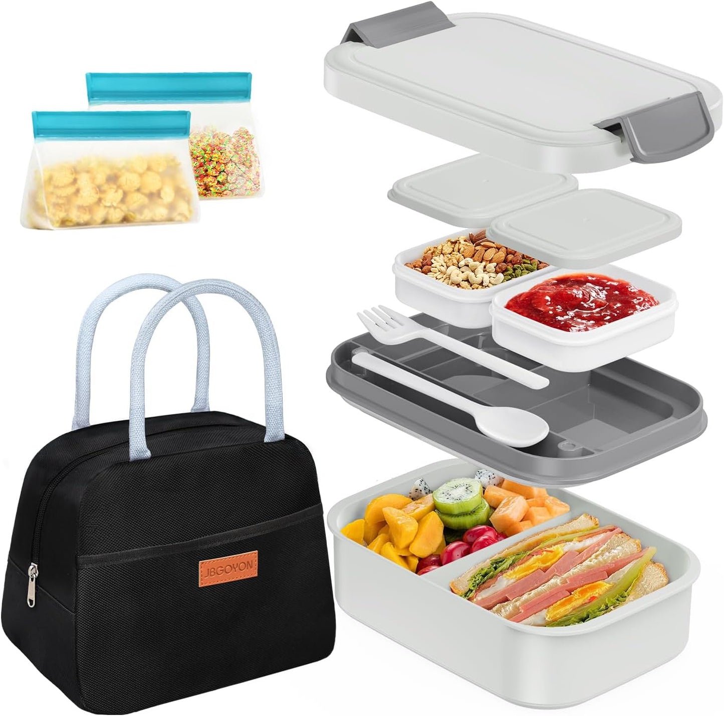 JBGOYON Bento Box and Lunch Bag Set, Leak-Proof Lunch Box for Adults and Kids with Built-in Utensils, Insulated for Work School Travel, Microwave & Dishwasher Safe, All-in-One (Purple)