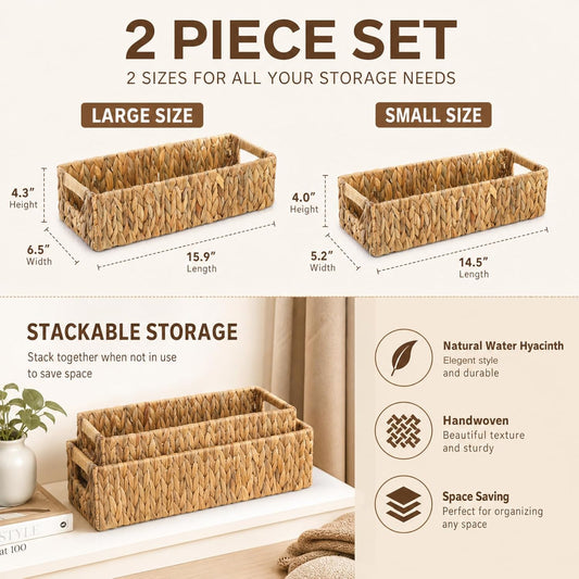 Eorbow 2 Pack Wicker Storage Baskets, Water Hyacinth Holder for Toilet Paper, Rectangular Natural Bins with Built-in Handles, Handwoven Organizer for Bathroom Kitchen Pantry Tank Top, 2 Sizes