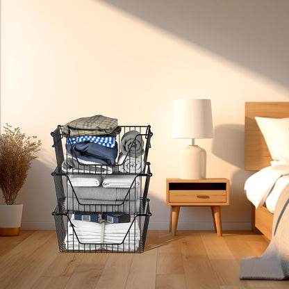 SANNO Black Stackable Wire Baskets Stacking Bins Stackable Basket for Vegetable Storage Pantry, Fridge, and Bathroom Organization,3pack