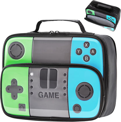 Kids Gamer Lunch Box for Boys, Game Console Insulated Lunch Bag, PU Leather Waterproof Lunchbox with Mesh Pocket, Durable Leakproof Lunch Tote Fits Bento Box for School