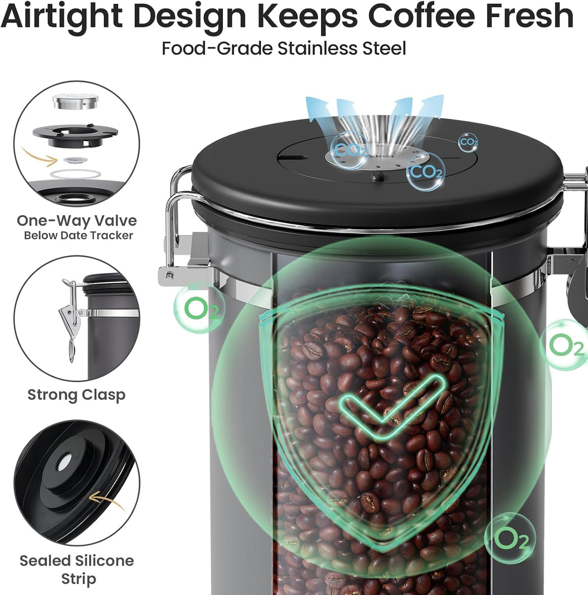 Veken Coffee Canister with Window, Family Choice Awards Winner, Airtight Stainless Steel Home Kitchen Food Storage Container with Lids for Grounds, Beans, Tea, Flour,Cereal,Sugar Jars,Scoop,16OZ,Black