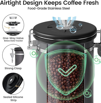 Veken Coffee Canister with Window, Family Choice Awards Winner, Airtight Stainless Steel Home Kitchen Food Storage Container with Lids for Grounds, Beans, Tea, Flour,Cereal,Sugar Jars,Scoop,16OZ,Black