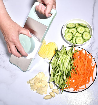 NACOLUS 5 In 1 Mandoline Slicer with Slide-On Hand Guard - Vegetable Slicer, Carrot Shredder,Safe Potato/Garlic Slicer Vegetable Cutter, Waffle Fry Cutter (Green, 5-in-1)