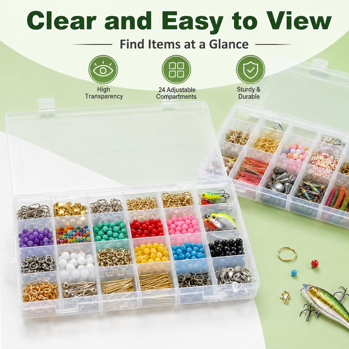 APACALI 6 Pack Plastic Organizer Box with Dividers, 18 Grids Clear Tackle Box Organizer, Adjustable Compartment Storage Boxes for Beads, Jewelry, Crafts, Fishing Lures, Screws and Small Parts