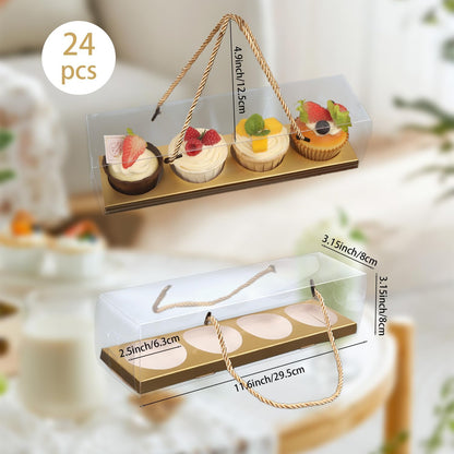 Clear Cupcake Boxes with Handle, 24 Pcs 4 Bakery Cake Boxes, Rectangular Cupcake Containers, Transparent Treat Boxes, Gift Boxes for Wedding Party, Dessert Packaging,12 x 3 x 3 Inch (Gold)