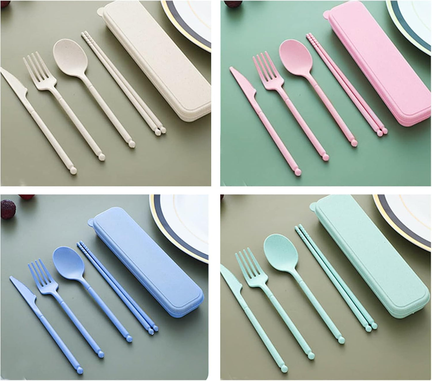 Reusable Travel Utensils Set with Case, 4 Sets Plastic Portable Knife Fork Spoons Tableware for Kids Adults Travel Picnic Camping Utensils