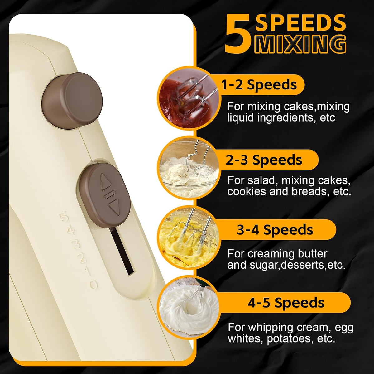 5-Speed Small Hand Mixer Electric, 300W Compact Portable, Black