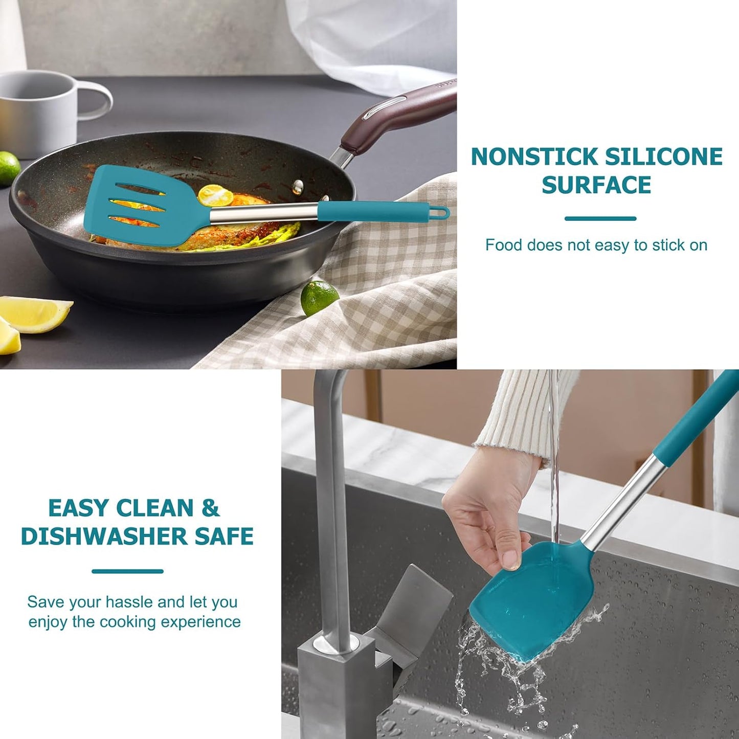 TeamFar Kitchen Utensils, 4 PCS Silicone Cooking Utensils Spatula Spoon Set with Stainless Steel Handle, for Frying Mixing Draining Turning, Healthy & Heat-proof, Non-stick & Dishwasher Safe - Black