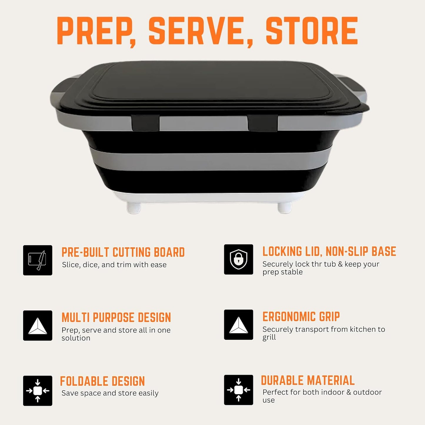 Livingstones Designs 6-in-1 BBQ Prep Tub Set: 16L Collapsible Station with Locking Lid, Thermal Bag, Meat Shredder Claws, Heat-Resistant Basting Brushes, Stainless BBQ Tong & Forks for Grilling & More