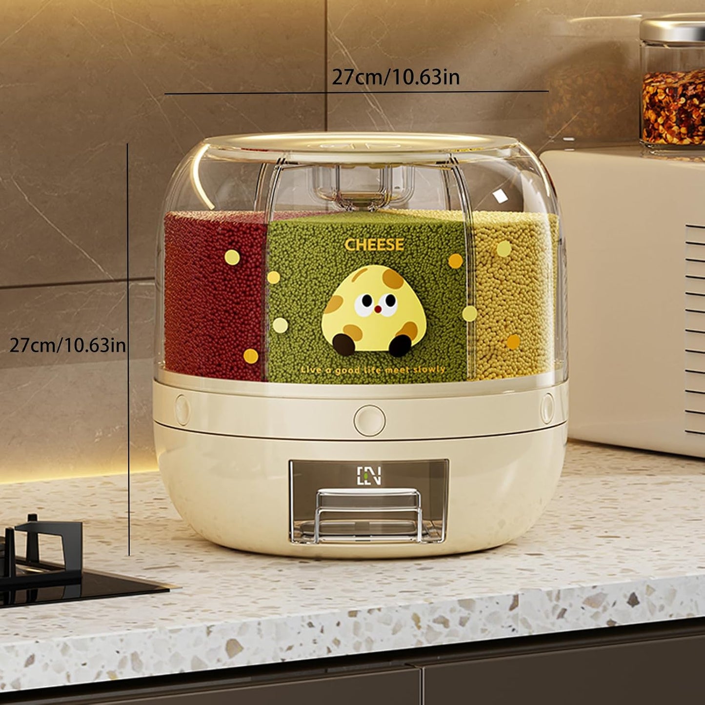 UFORU Rice Dispenser | 360° Rotating Grain Storage Bin - 6 Grids, 20LBS Large Capacity Food Container, Moisture-Proof, One-Click Output for Rice, Beans & Pet Food - Kitchen Pantry Organizer
