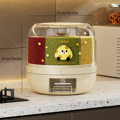 UFORU Rice Dispenser | 360° Rotating Grain Storage Bin - 6 Grids, 20LBS Large Capacity Food Container, Moisture-Proof, One-Click Output for Rice, Beans & Pet Food - Kitchen Pantry Organizer