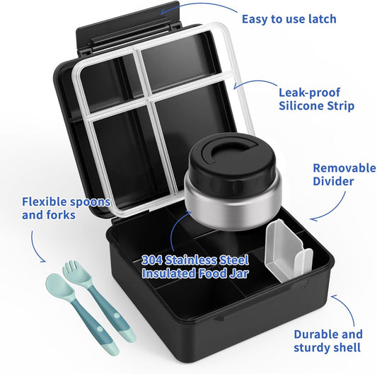 Bento Box for Kids with Thermo Food Container (9oz), 4-Compartment Lunch Box, Adjustable Divider, Leakproof Bento Lunch Box, Includes Utensils & Carry Bag for School, Office(Blue)