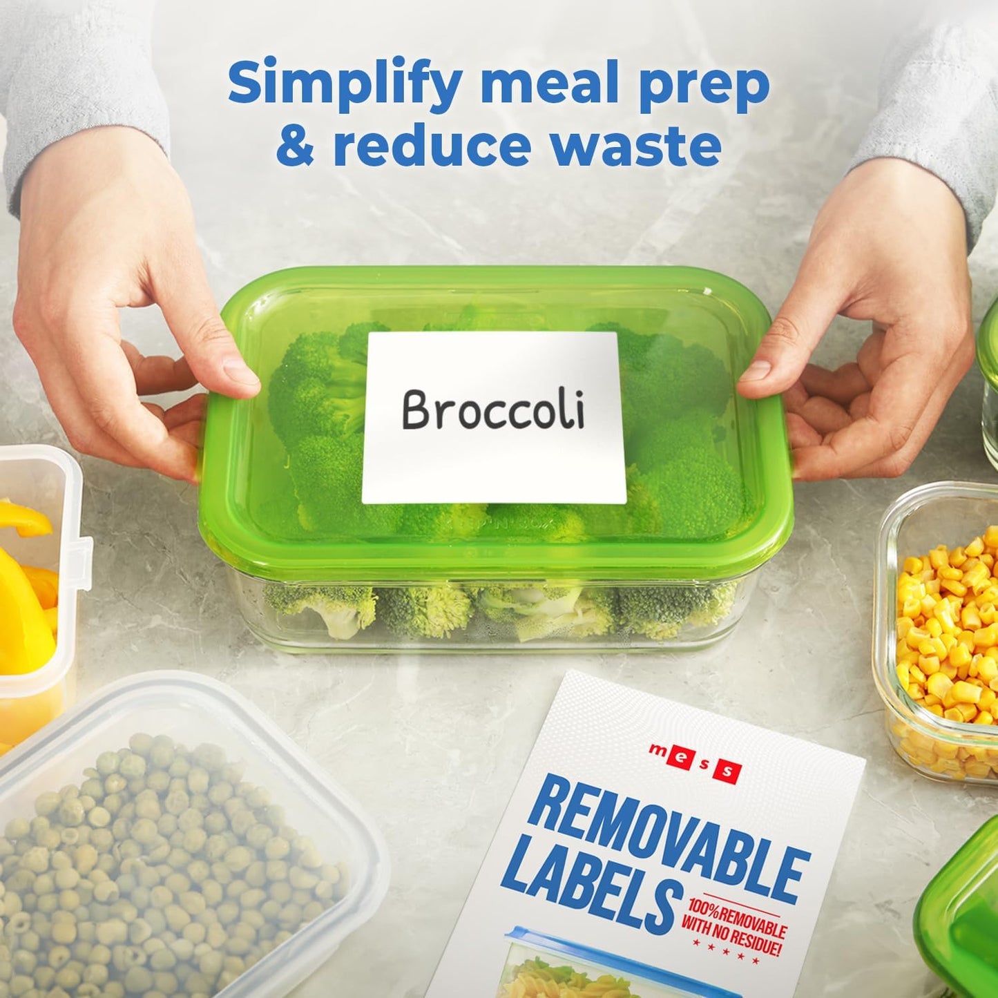 MESS Removable Food Labels for Containers (96-Pack) 1x3 & 1.5" Erasable Kitchen Labels for Organizing, Freezer & Fridge, White Dry Erase Labels for Jars