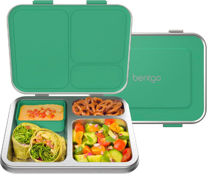 Bentgo Kids Stainless Steel Leak-Resistant Lunch Box - 3-Compartments with Bonus Silicone Container, Durable, Eco-Friendly, Dishwasher Safe, BPA-Free, Ideal for School, Ages 3+ (Silver)