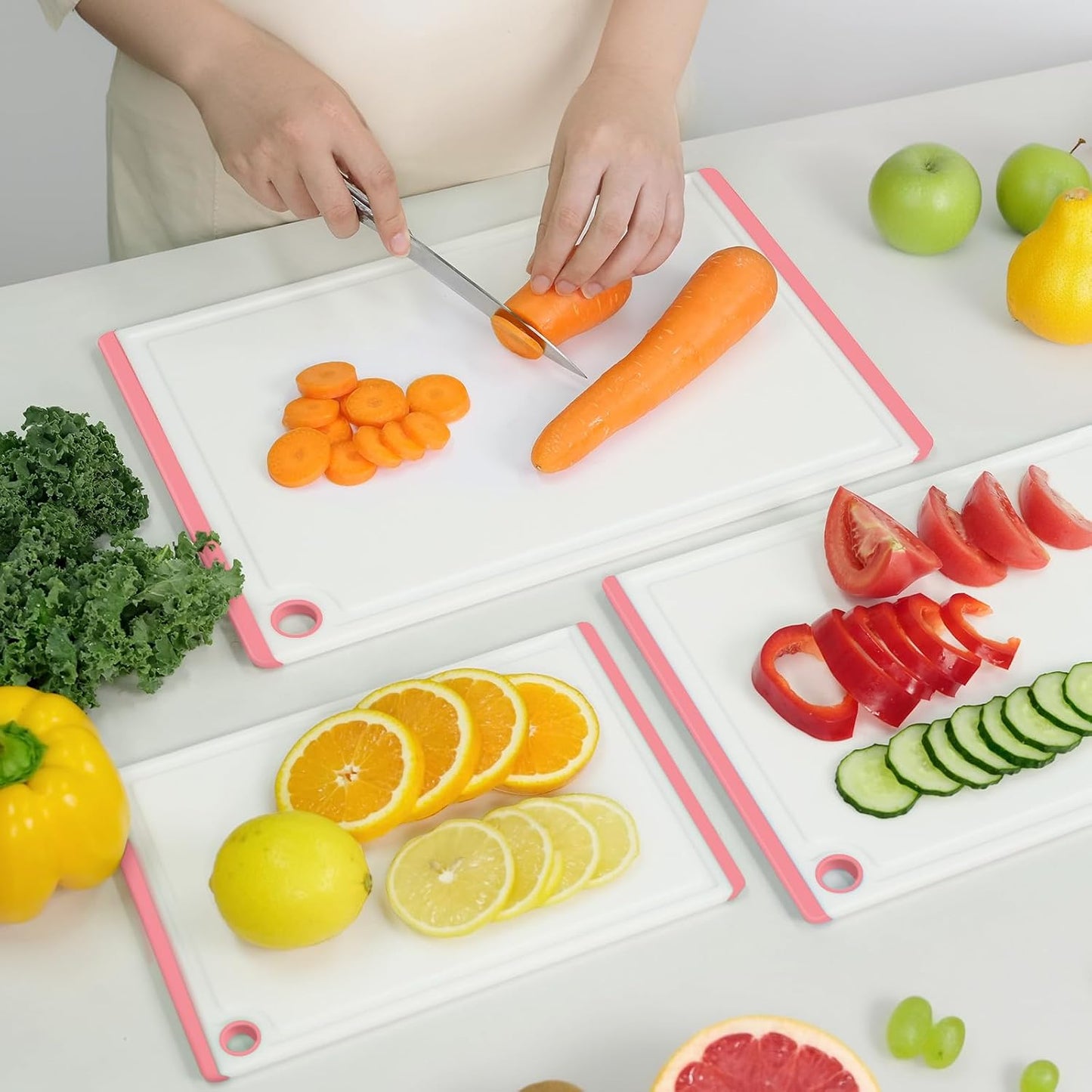 Kikcoin Plastic Cutting Boards for Kitchen, 3-Piece Large Cutting Board Set Dishwasher Safe Chopping Boards with Non-slip Feet and Juice Grooves, Gray