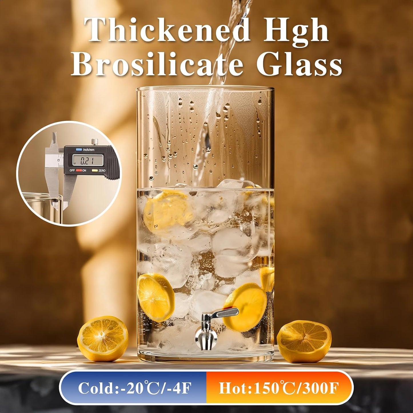 Beverage Dispenser 2.1 Gallon, Glass Drink Dispenser with Stand, Drink Dispensers for Parties, Beverage Dispenser with Wood Stand, Stainless Steel Spigot, for Parties,Bars,Restaurants (2.1 Gallons)
