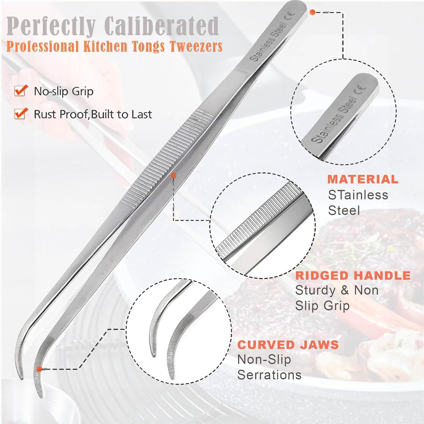 6 Inch Professional Culinary Stainless Steel Precision Tongs with Serrated Tips, Plating/Food Presentation Detailing Serving Tongs, Chef's Kitchen Tweezer Tongs - Ultra Non-Slip Grip