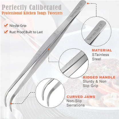 6 Inch Professional Culinary Stainless Steel Precision Tongs with Serrated Tips, Plating/Food Presentation Detailing Serving Tongs, Chef's Kitchen Tweezer Tongs - Ultra Non-Slip Grip