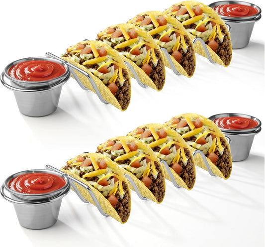 Taco Holders Set of 2,Stainless Steel Taco Holder with Sauce Cup,Taco Stand for 8 Tacos,Taco Trays for Home Kitchen Bar Party