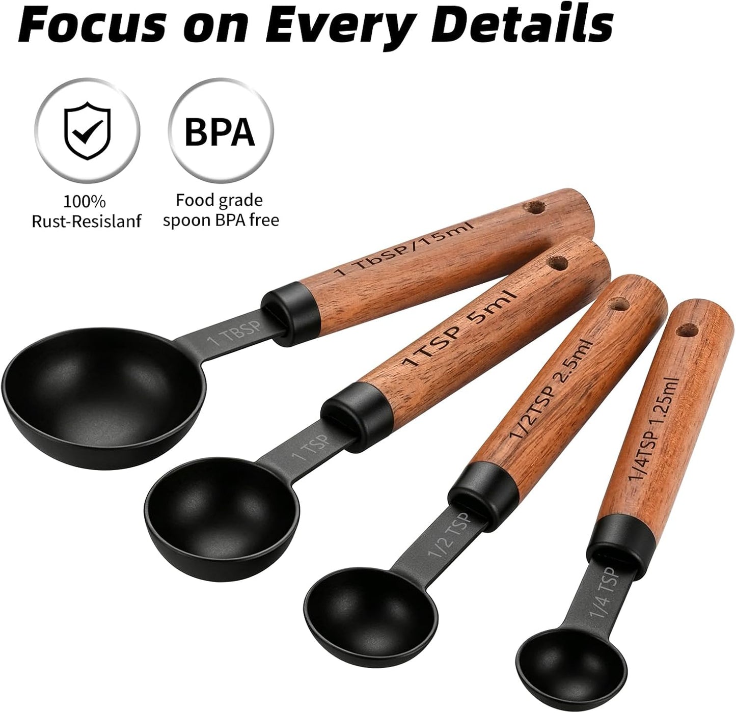 Wooden Handle Measuring Cups & Spoons Set 8-Piece – Stainless Steel, Stackable, Rustic Farmhouse Kitchen Gadgets, Non-Toxic, Dishwasher Safe, Gift for Bakers & New Homeowners.